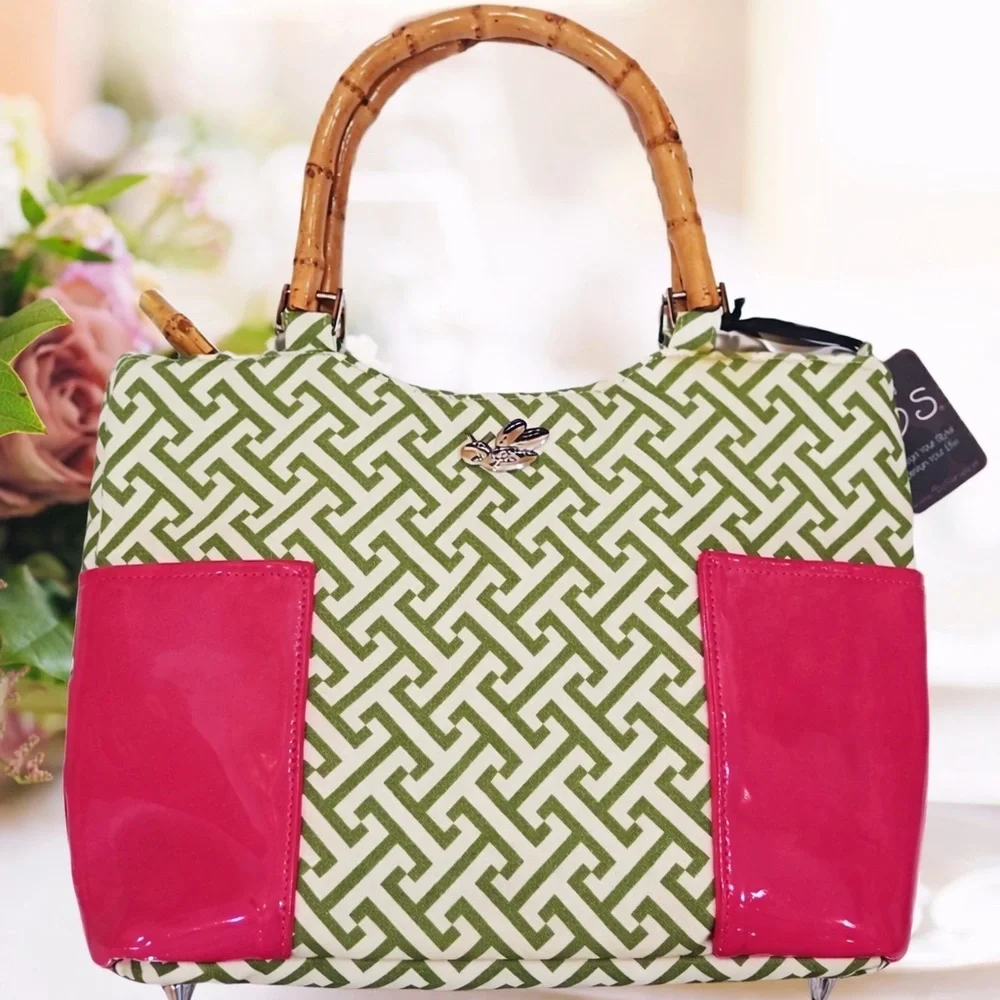 B’s Bamboo Handle Satchel Pink Green Geometric Bee Bag NWT